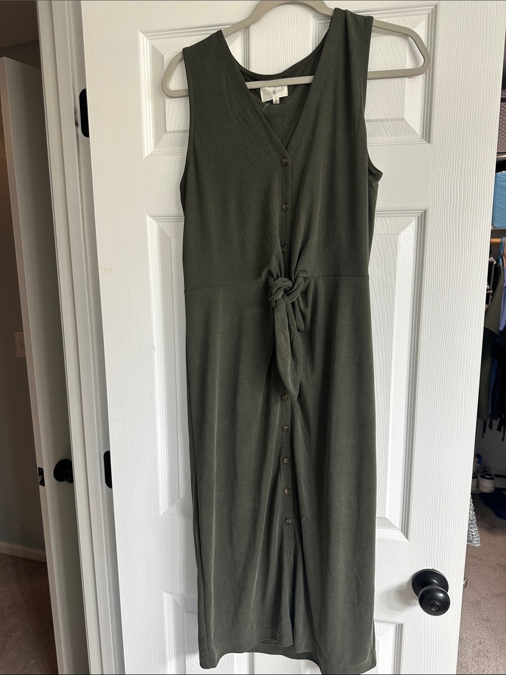 Lou & Grey Olive Green Sleeveless Button-Front Tie-Waist Midi Dress